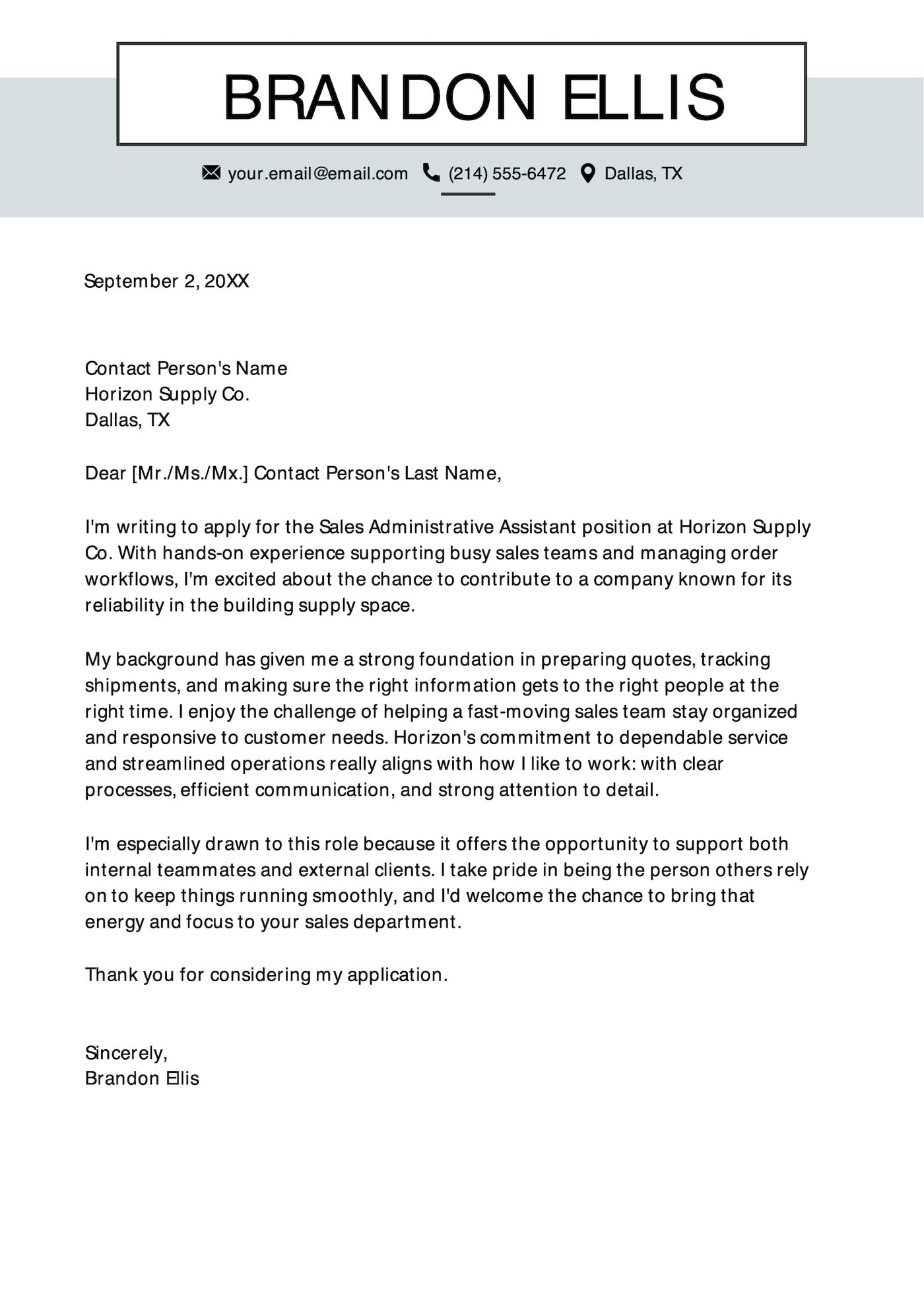 A cover letter example for a sales administrative assistant.