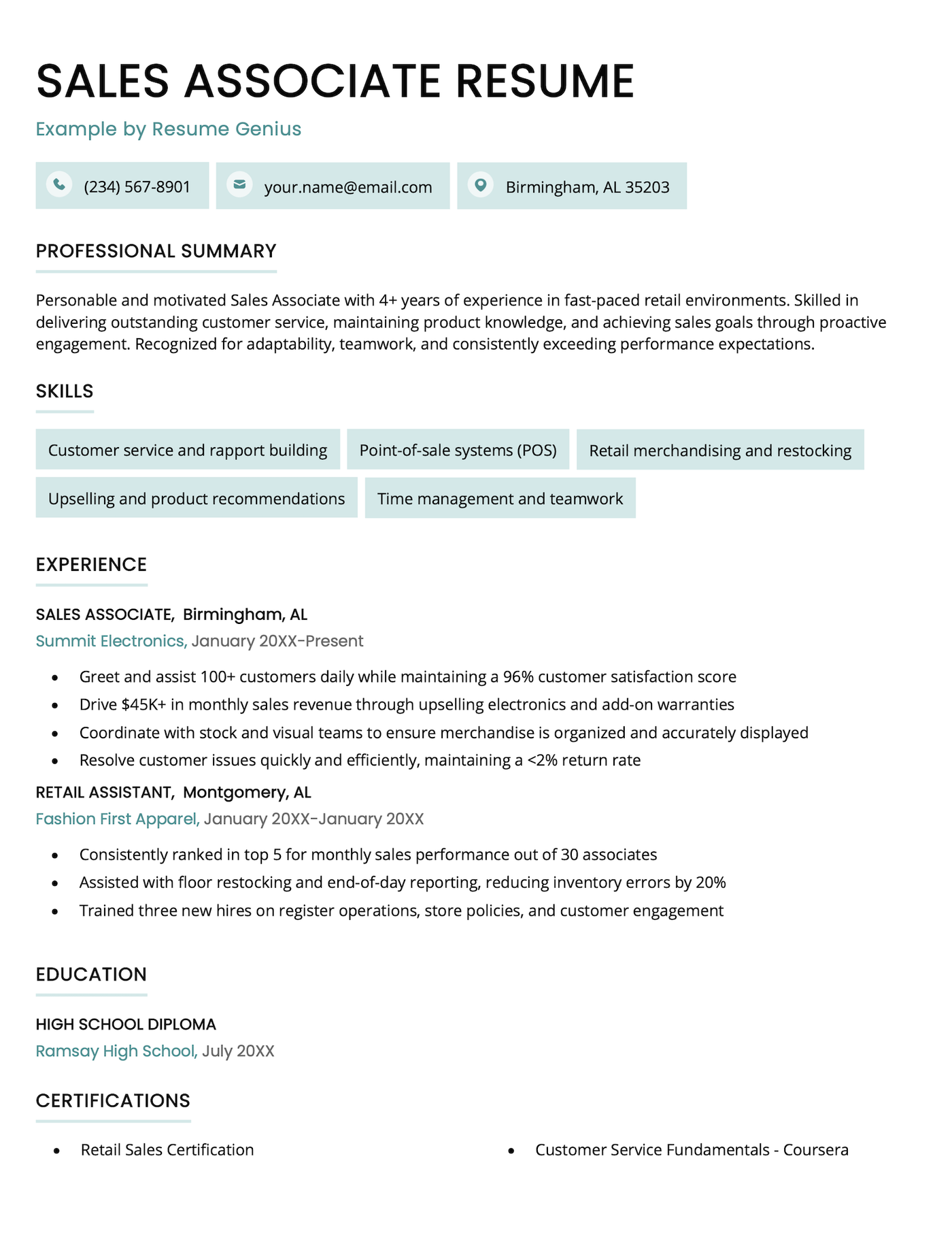 A sales associate resume example.