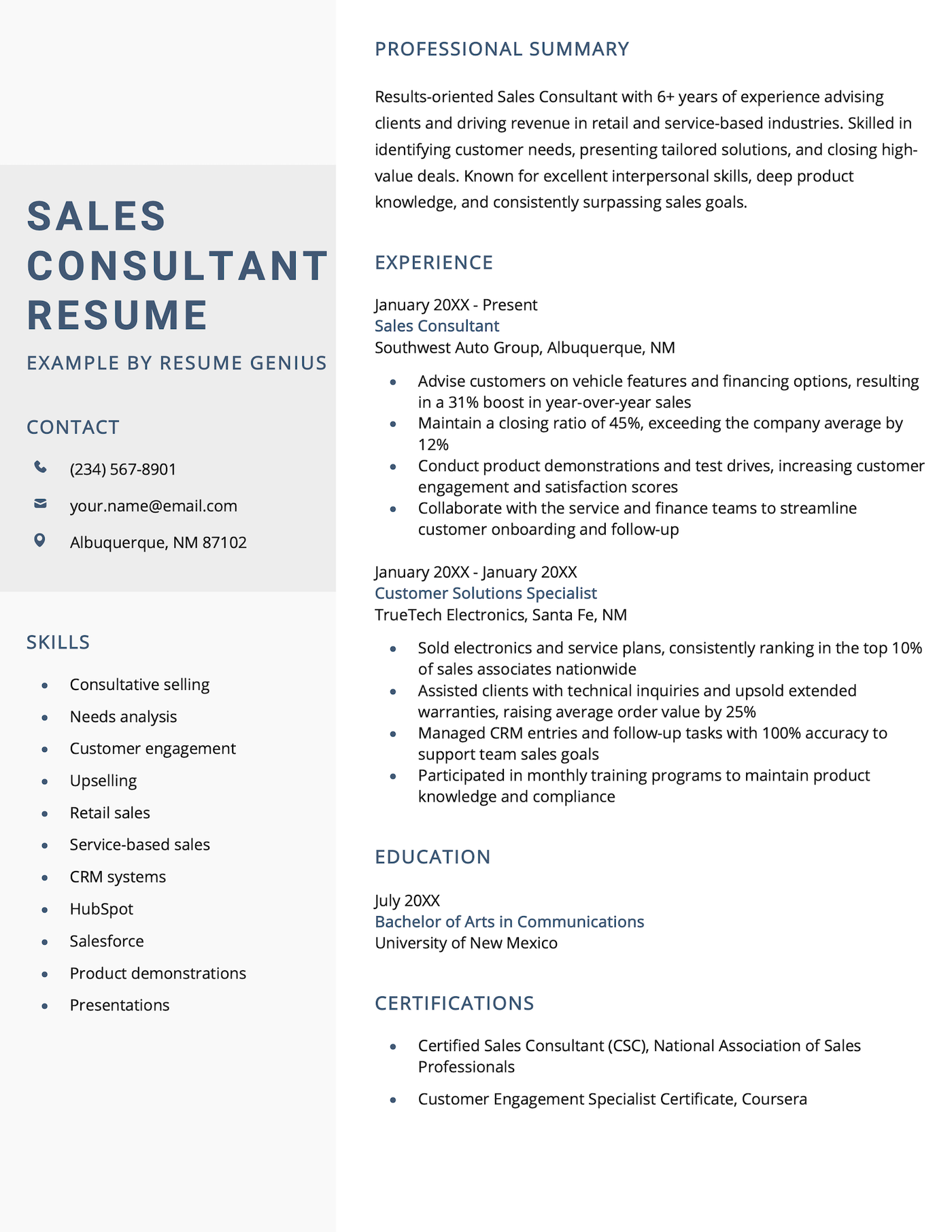 A sales consultant resume example.