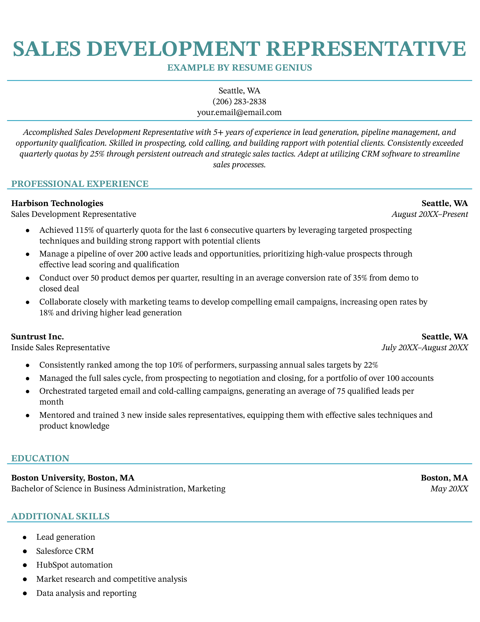 An example resume for a sales development representative.