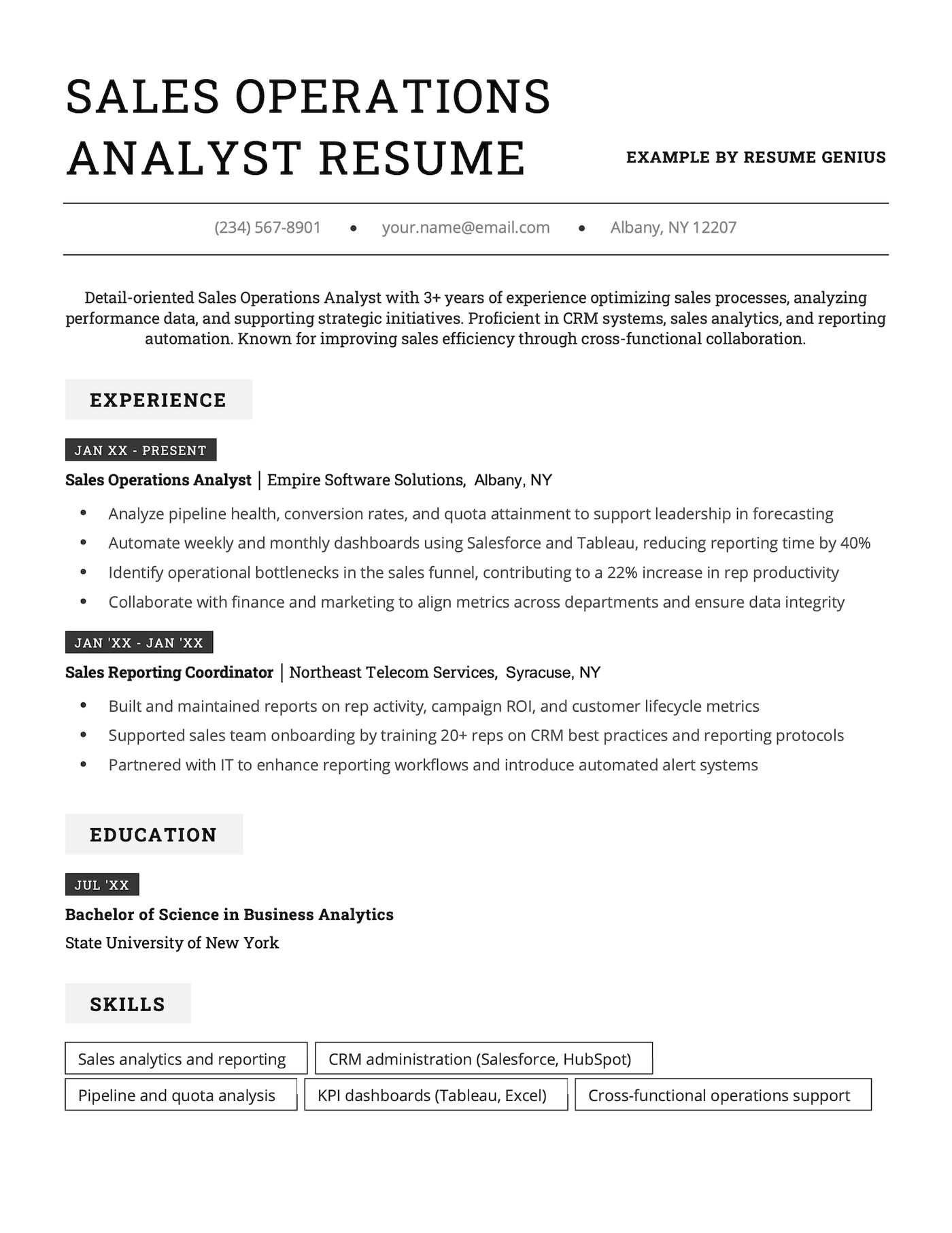 A sales operations analyst resume example.