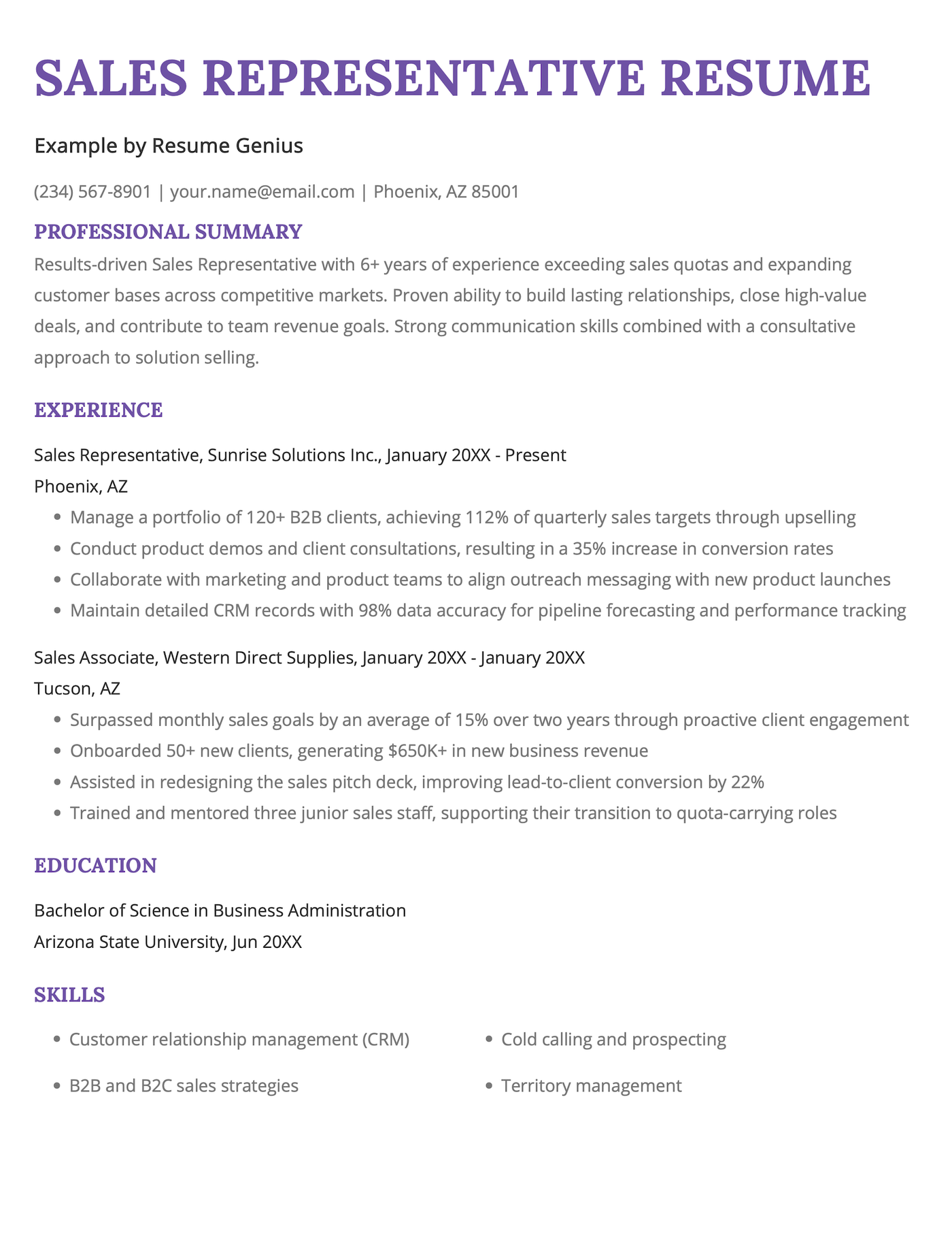 A sales representative resume example.