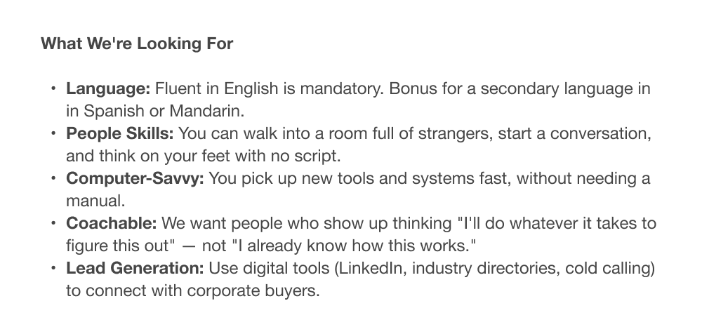 A screenshot of a job description with some required skills an applicant should match. The skills include foreign language ability, people skills, computer literacy, and lead generation skills.