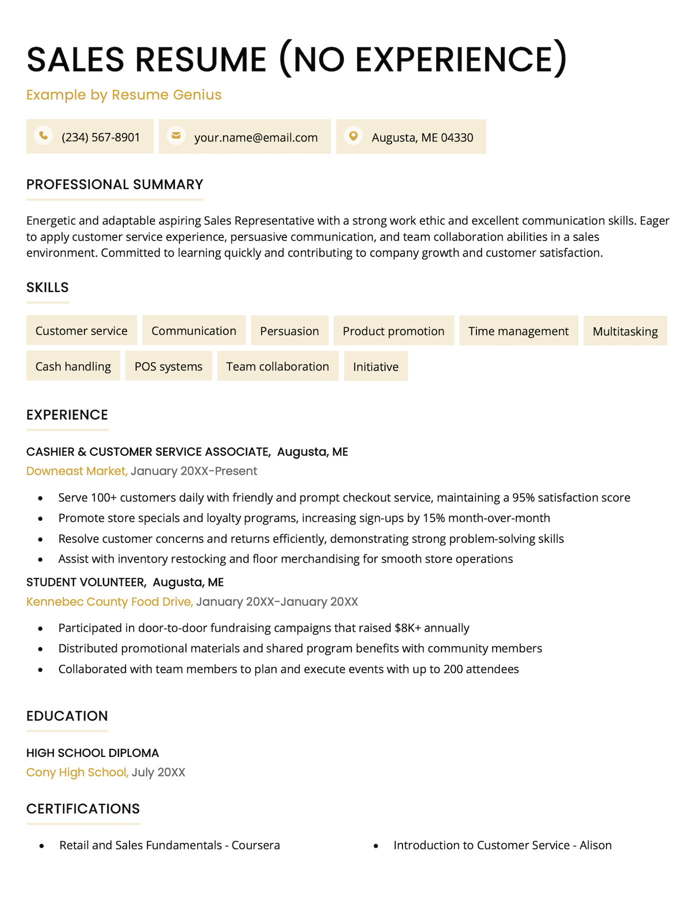 A sales resume example for a candidate with no experience.