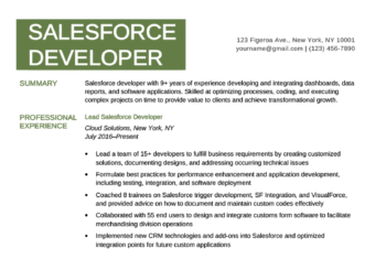 A Salesforce developer resume example with a green header and green section headers in a column on the left