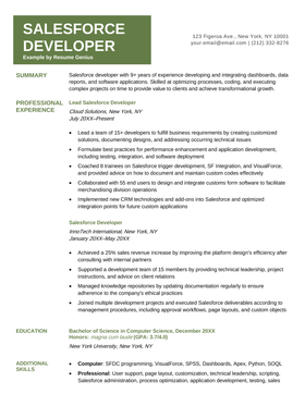 A Salesforce developer resume example with a green header and green section headers in a column on the left
