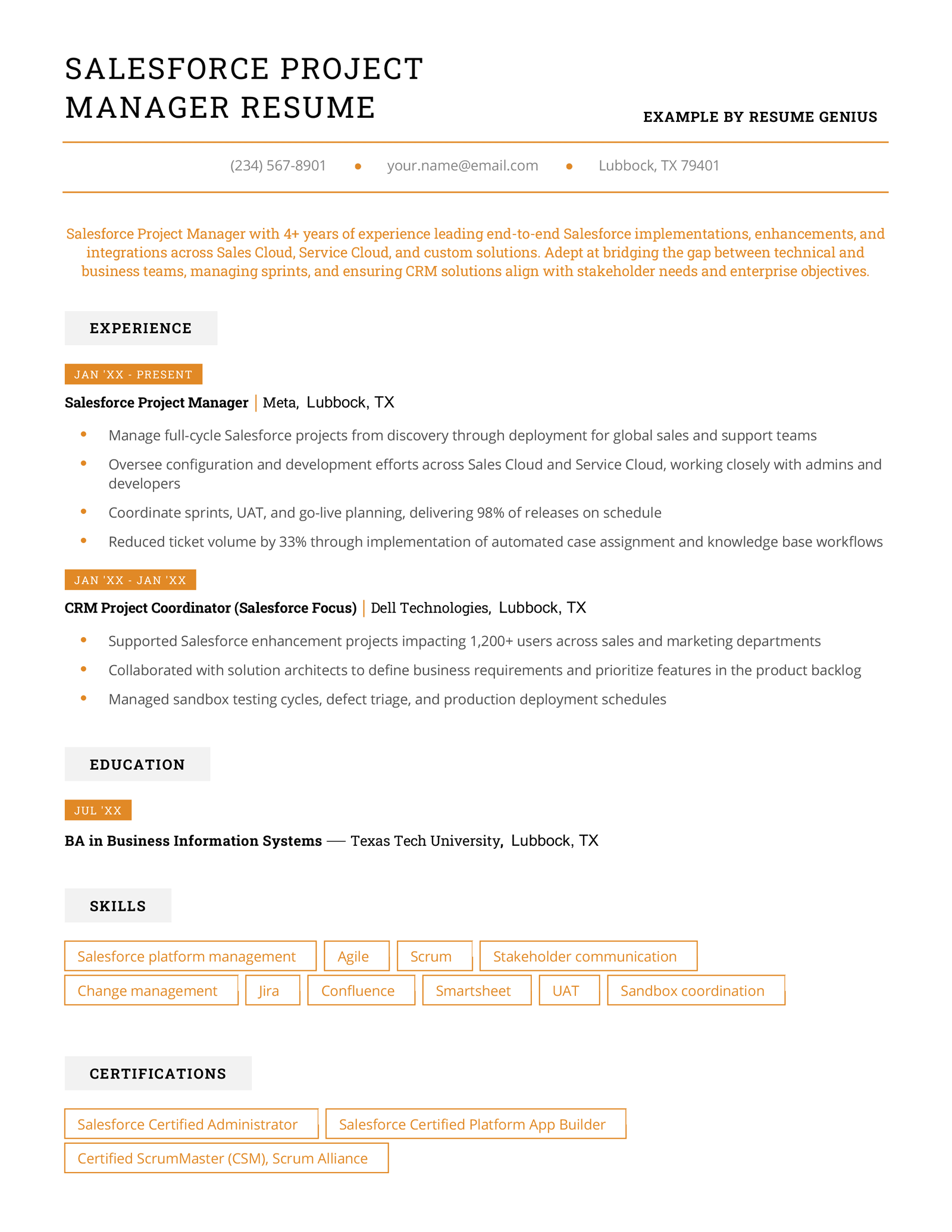 A Salesforce project manager resume example.