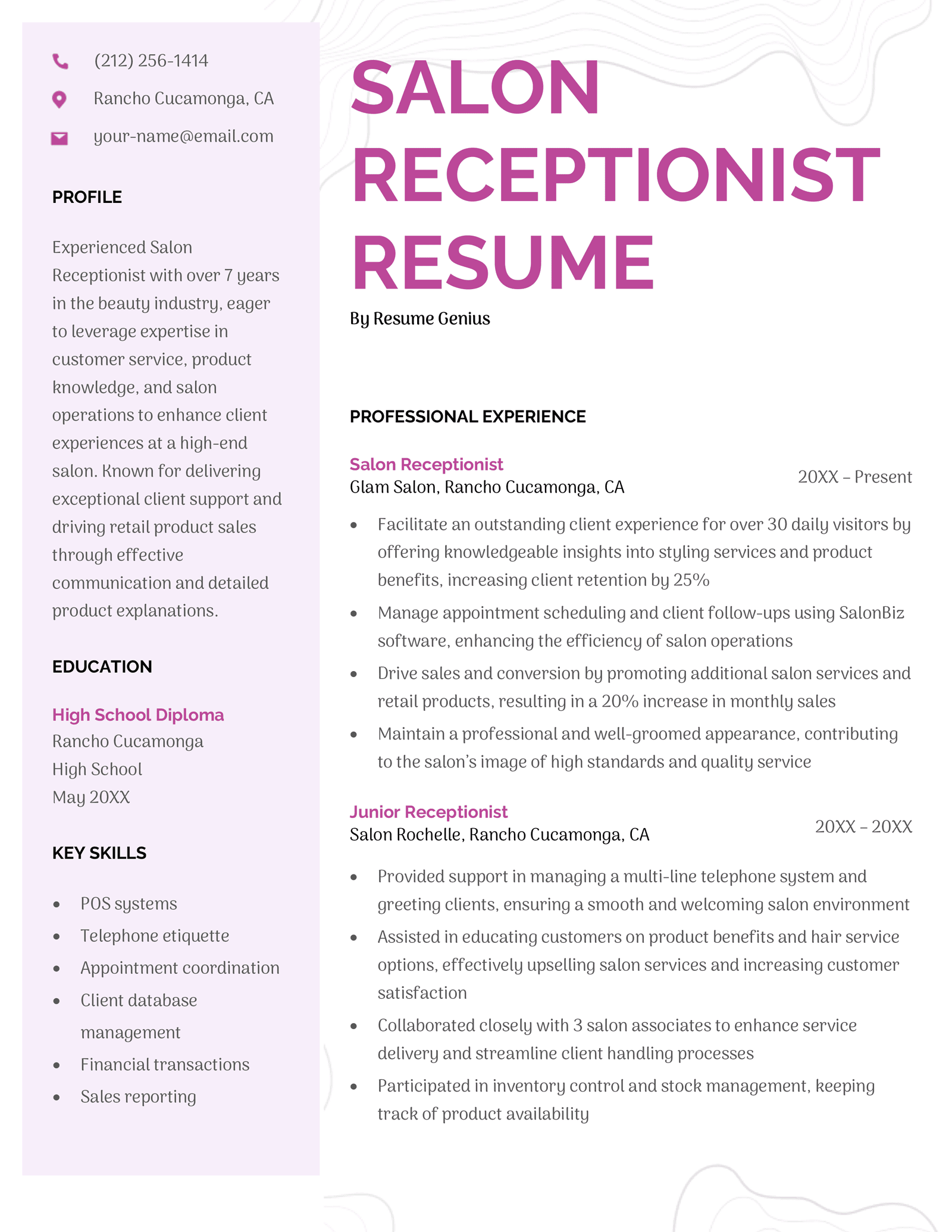 A sample receptionist resume example that uses a pastel purple color scheme and a two-column layout.