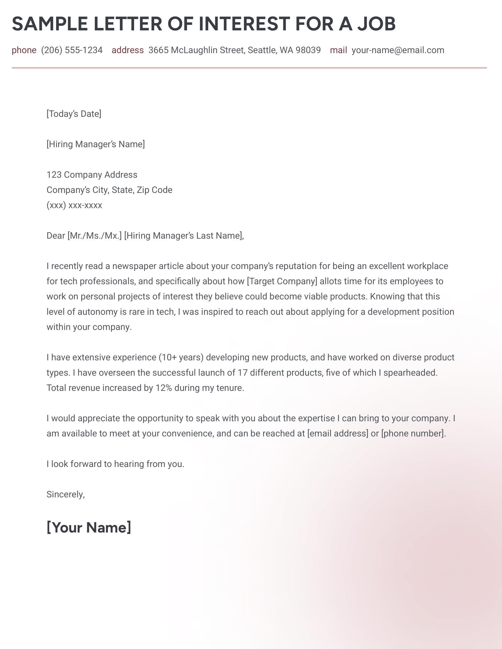 Example of a letter of interest job seekers can submit to inspire hiring managers to consider them for any upcoming openings.