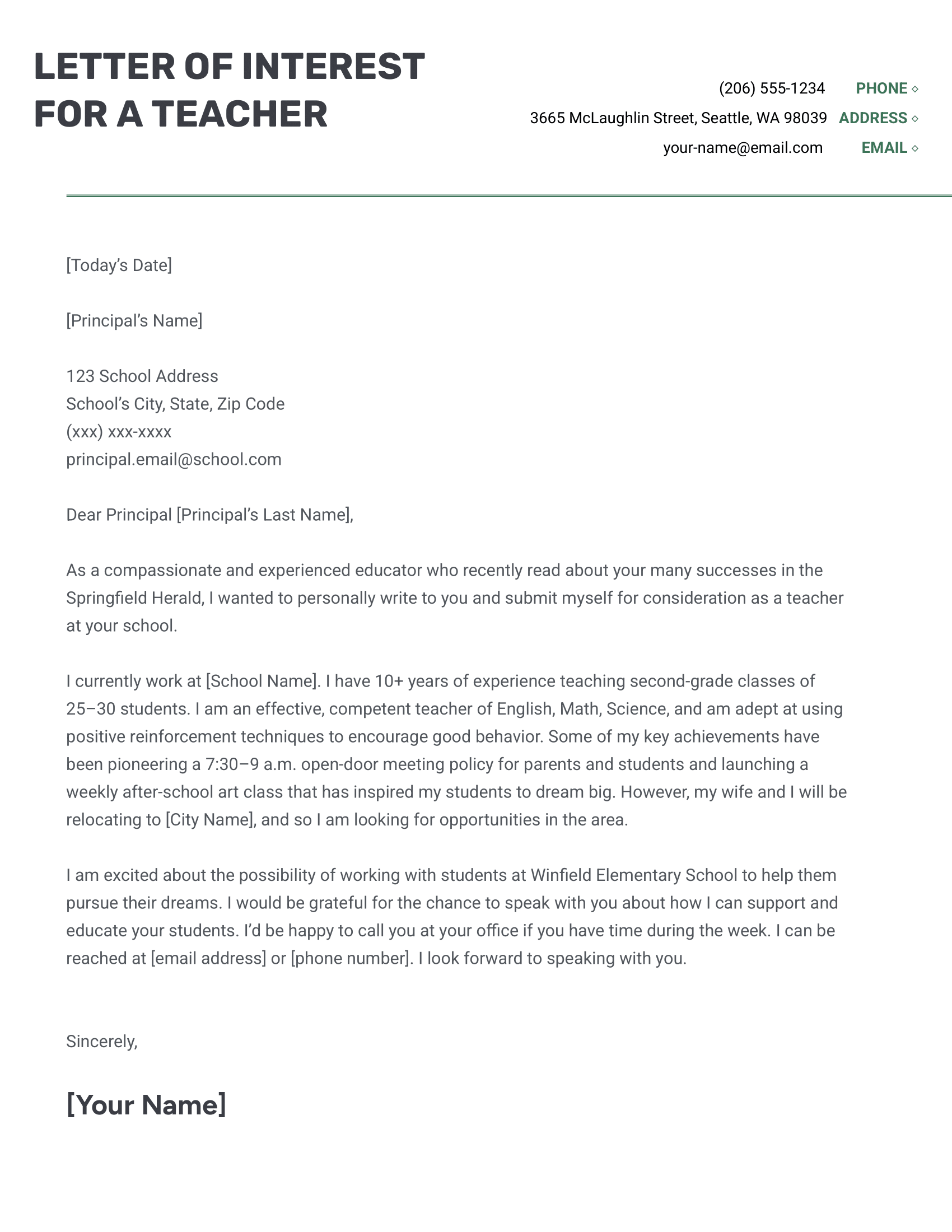 Example of a letter of interest for a teacher.