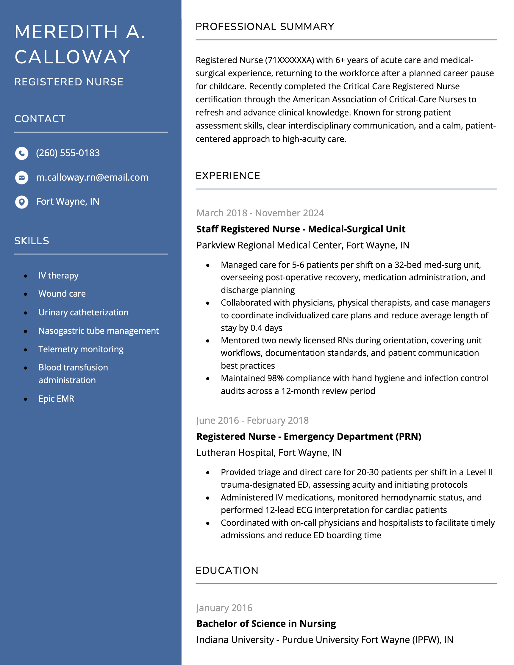 A sample resume that mentions an employment gap for childcare in the resume summary.