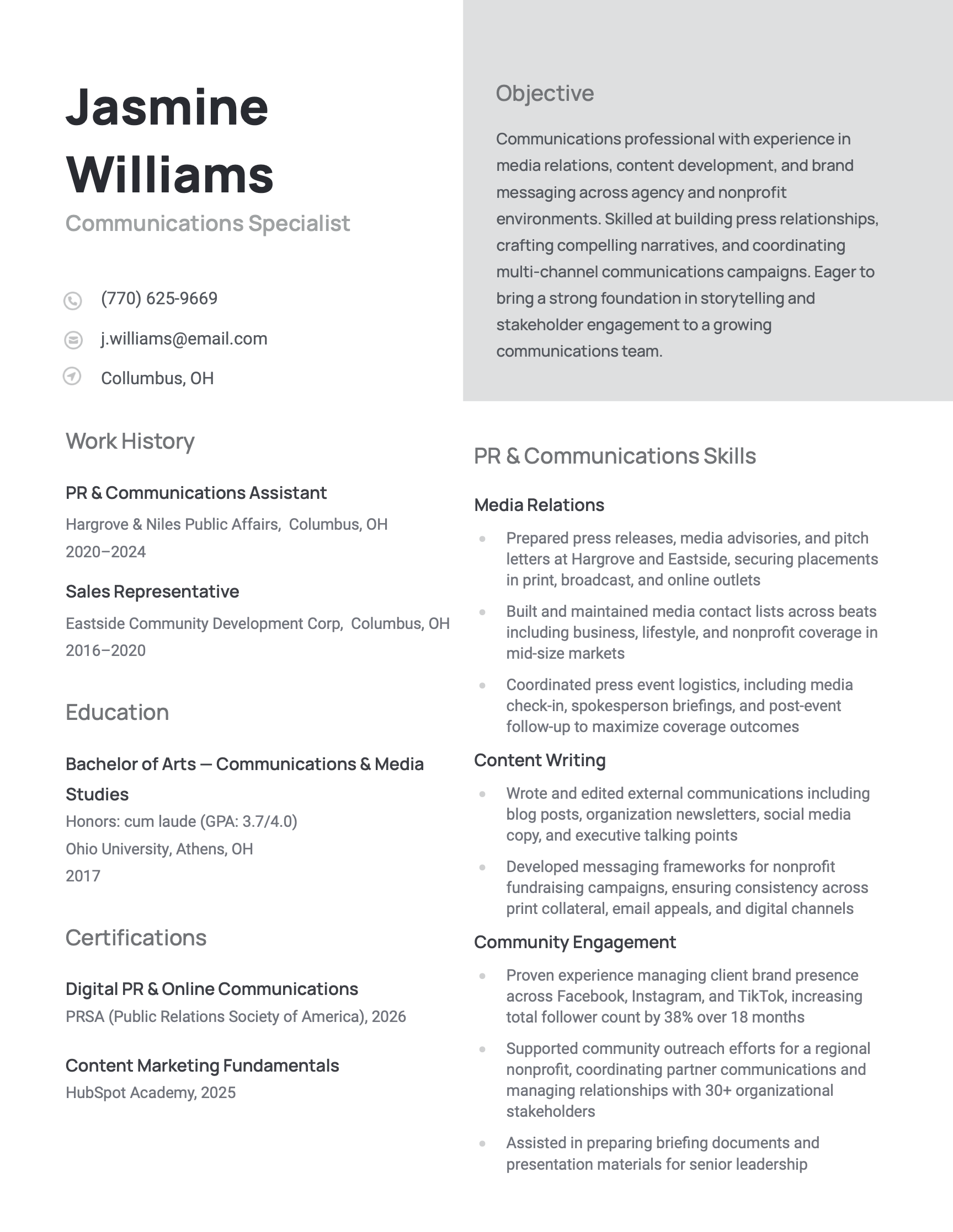A sample resume belonging to a returning citizen that uses a functional format to focus on their skills rather than their gap in employment.