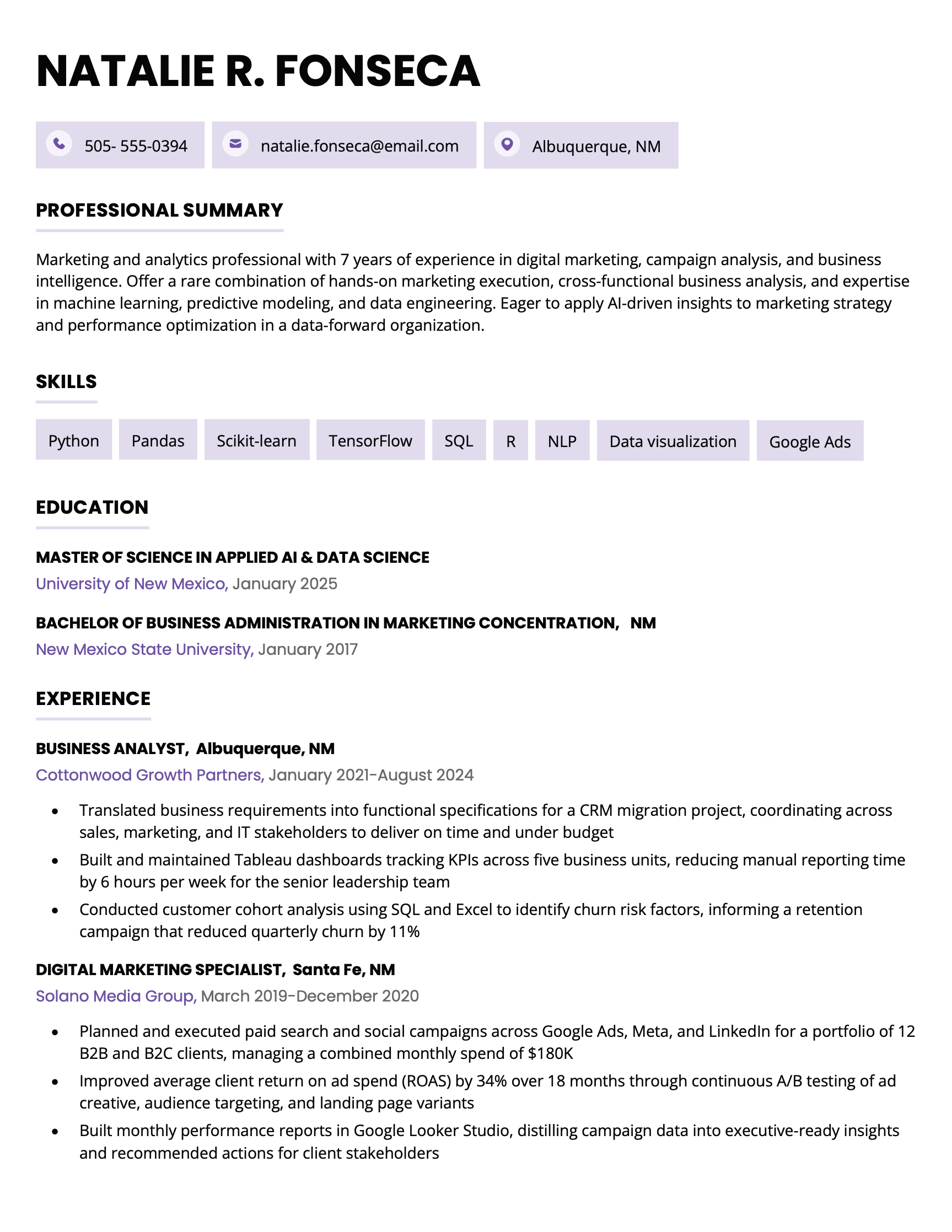 A sample resume with an employment gap. The resume belongs to an applicant who paused their career to go back to college.