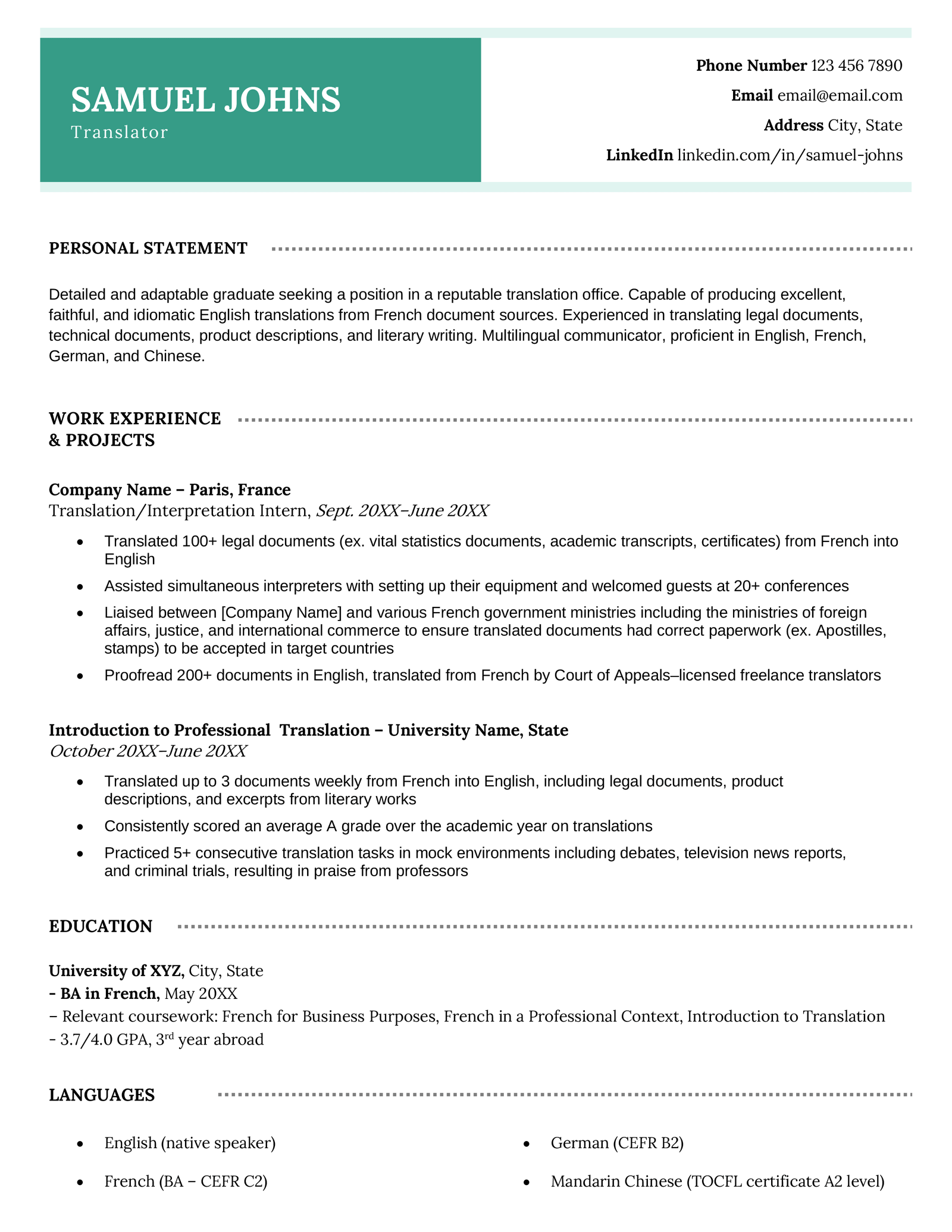 A translator resume example written by Samuel Johns.