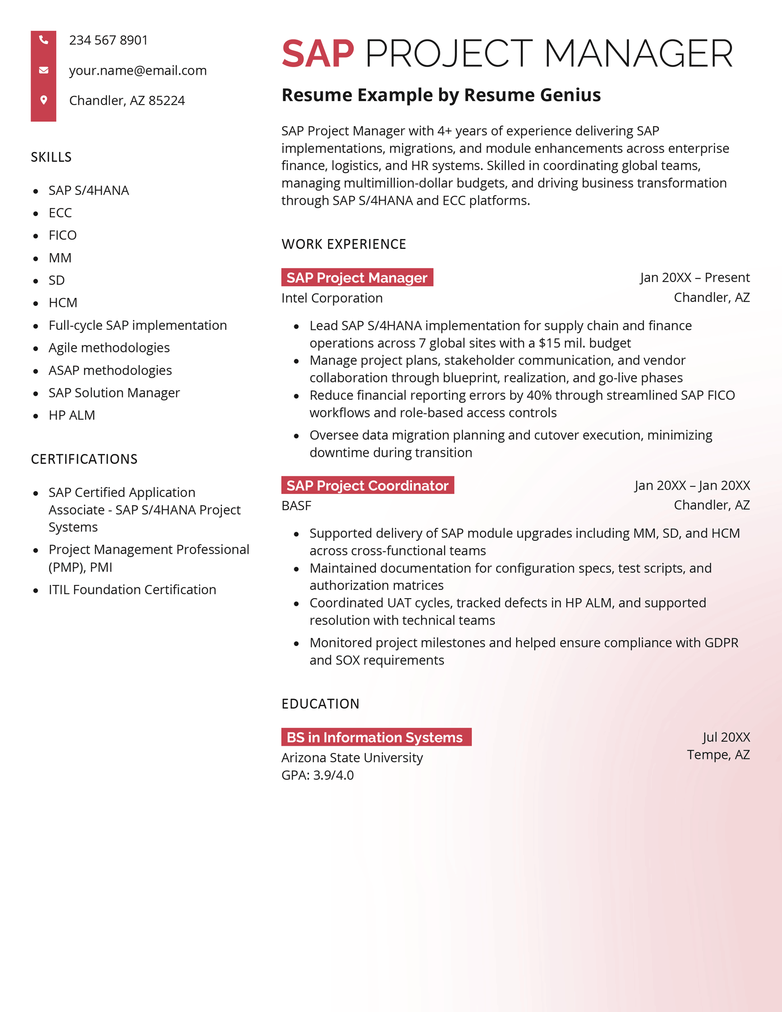 An SAP project manager resume example.