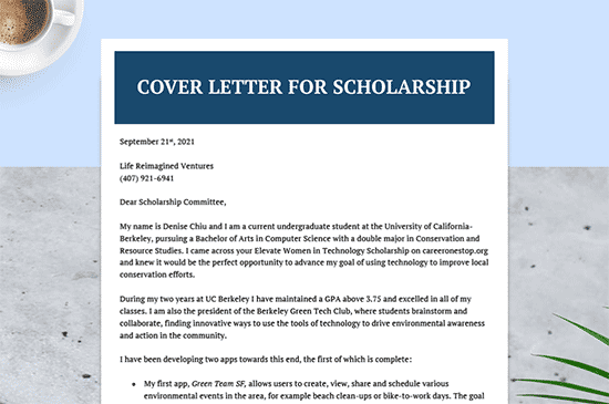 cover letter for scholarship application sample