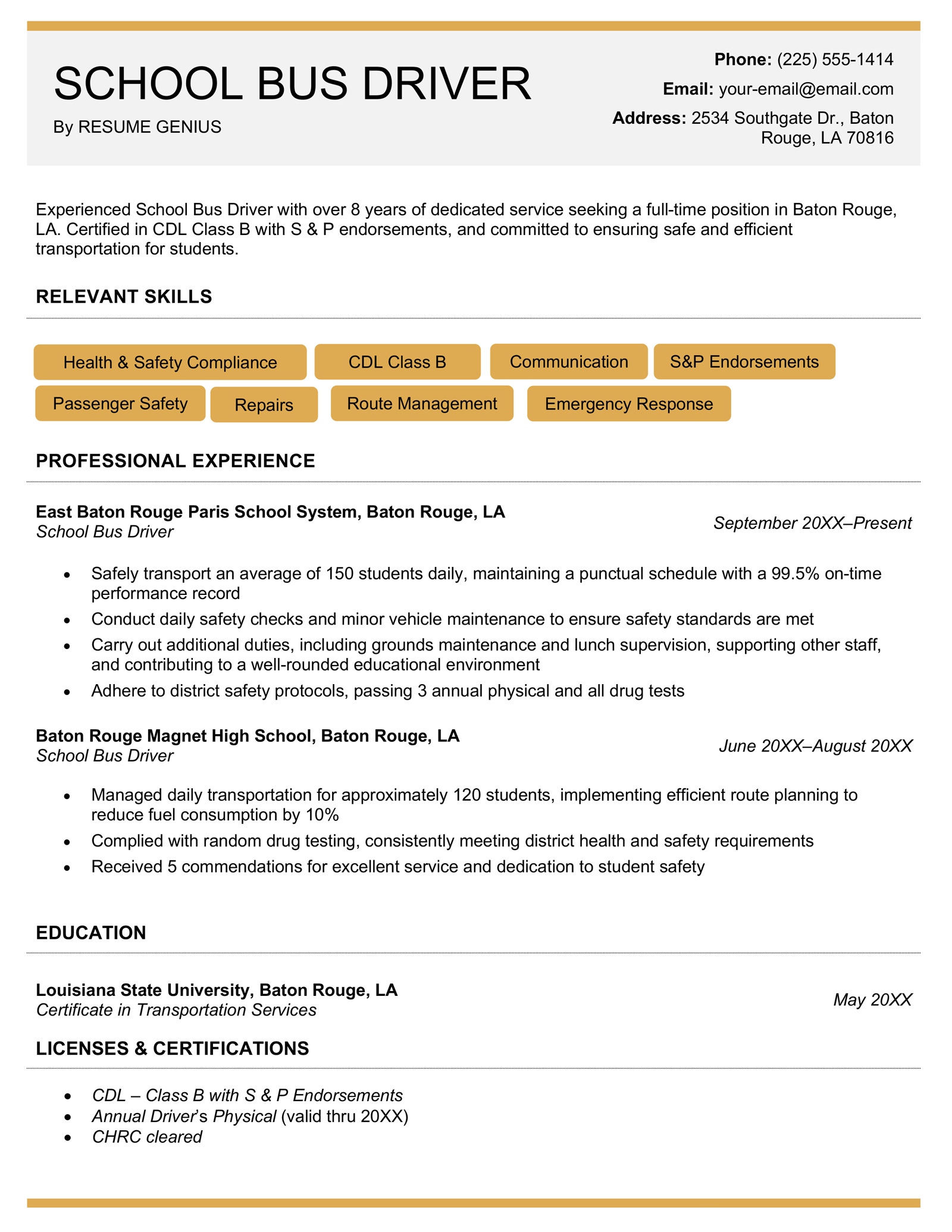 A school driver resume in yellow that uses buttons to highlight certain bus driver skills.