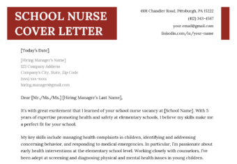 A red-themed cover letter for a school nurse in which the applicant expresses interest in the target job, highlights their key skills and achievements, and thanks the hiring manager