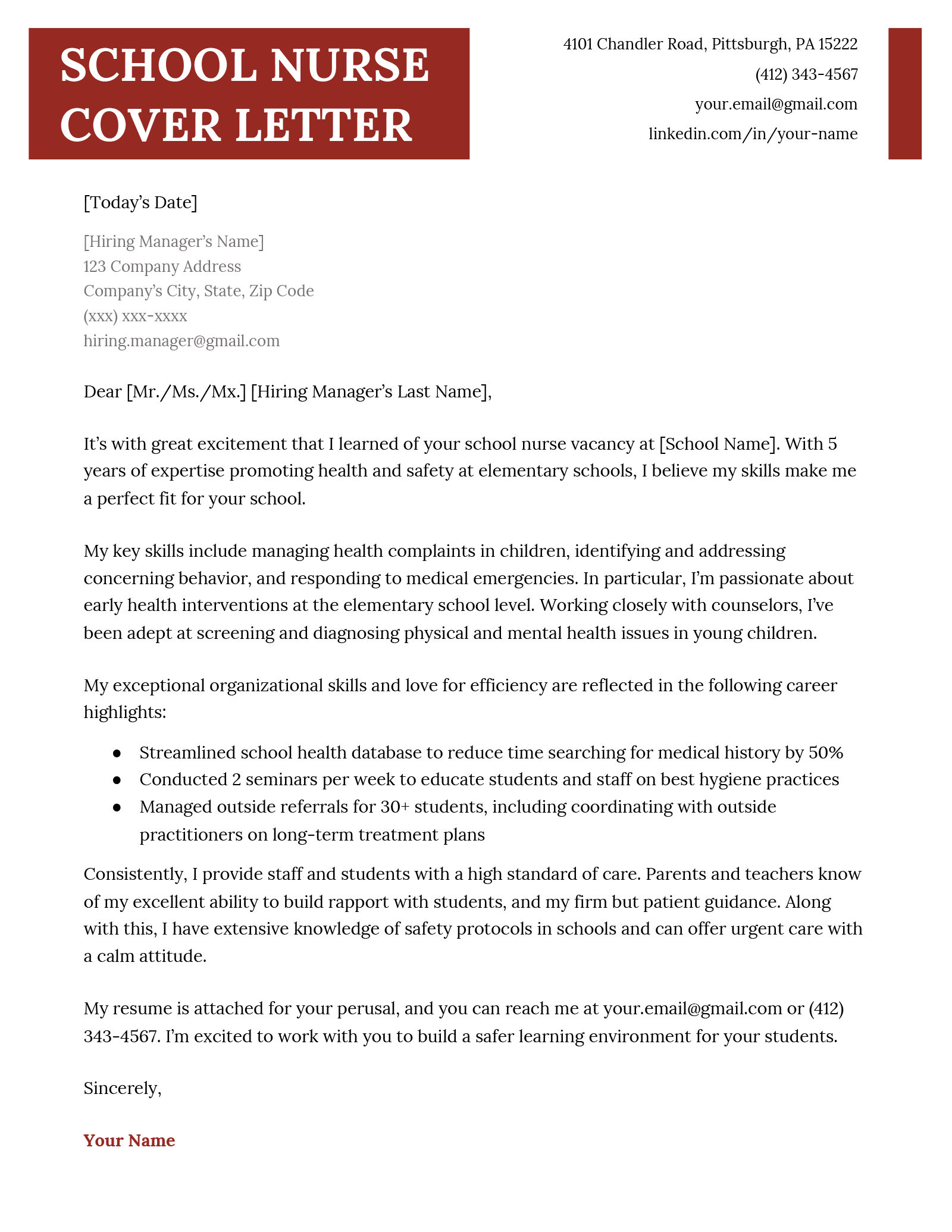 A red-themed cover letter for a school nurse in which the applicant expresses interest in the target job, highlights their key skills and achievements, and thanks the hiring manager
