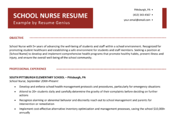 A school nurse resume sample on a template with a left-aligned red header for the name, followed by an objective and then work experience bullet points