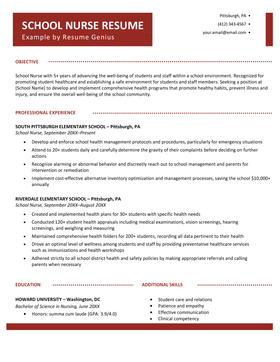 A school nurse resume sample on a template with a left-aligned red header for the name, followed by an objective and then work experience bullet points