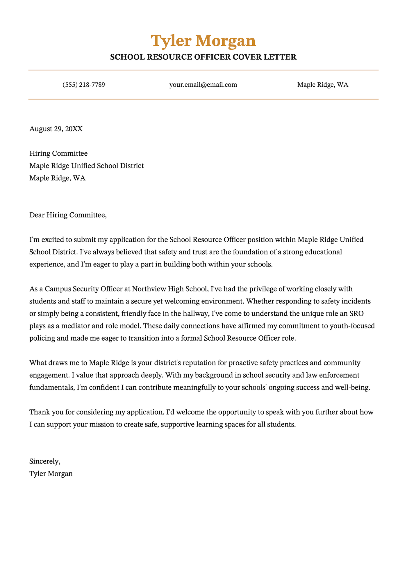 A school resource officer cover letter example.