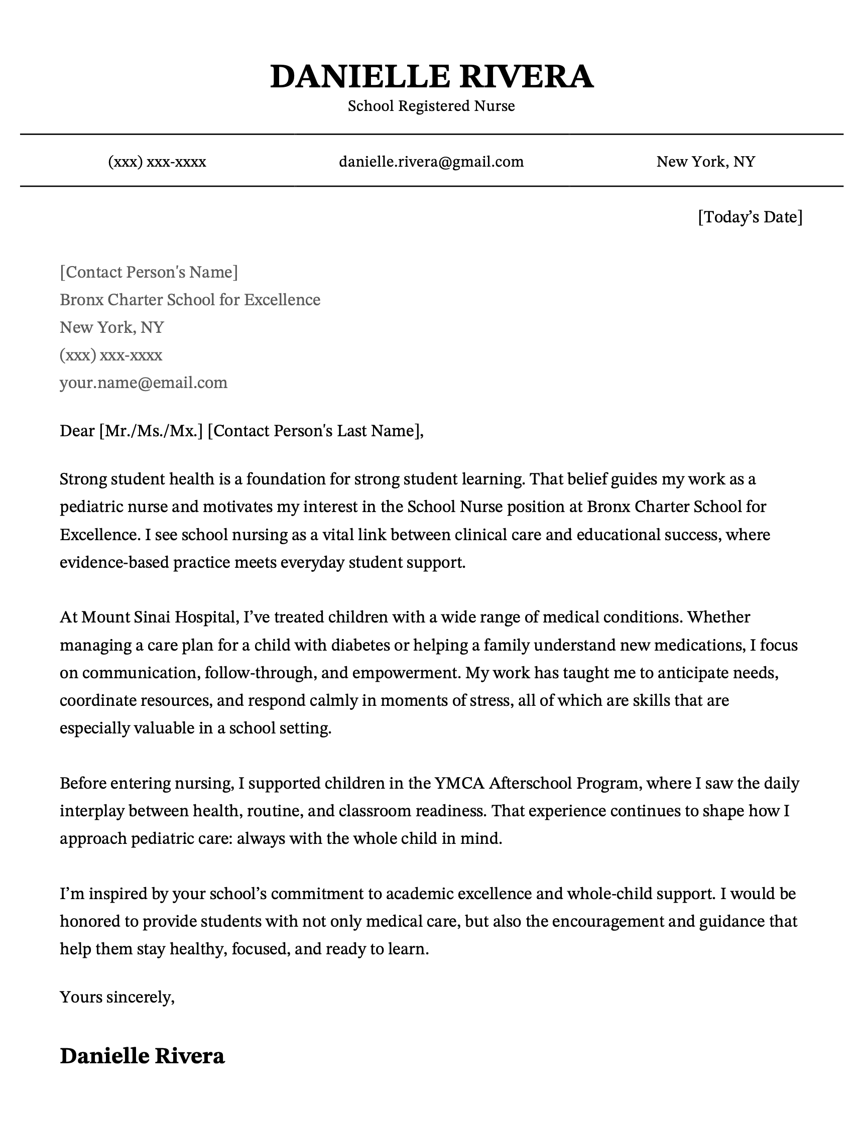 A school nurse cover letter.