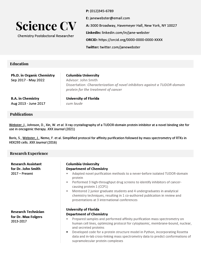 An example of a science CV with a simple gray layout
