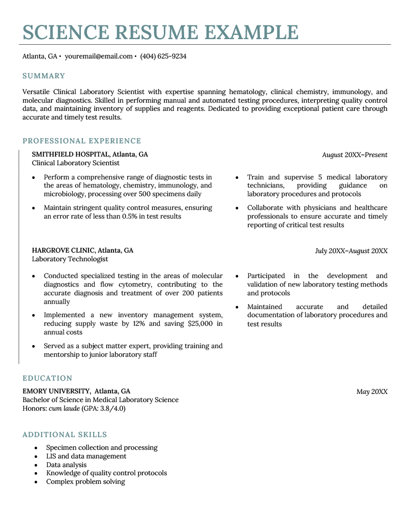 An example resume for a clinical laboratory scientist.