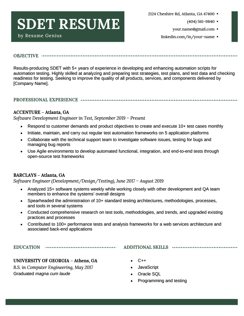 An SDET resume sample with green highlights and easy-to-skim formatting