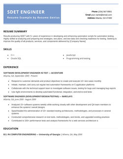 An SDET resume sample with green highlights and easy-to-skim formatting