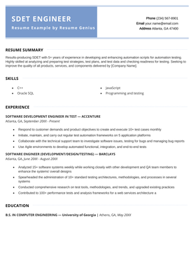 An SDET resume sample with green highlights and easy-to-skim formatting