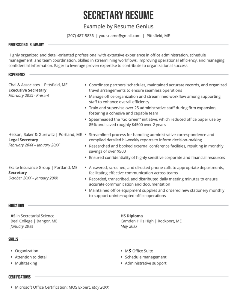 An example of a secretary resume.