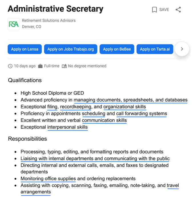 Example of a secretary resume job description from a job ad.