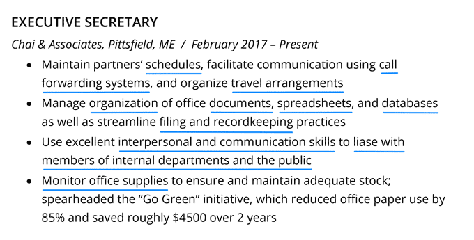 Example of a tailored secretary resume work experience section.