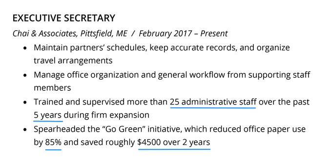 Example of quantified achievements on a secretary resume example.