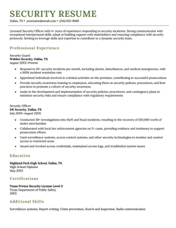A security resume using a green template with a simple layout.