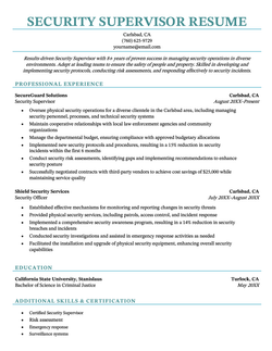 A security supervisor resume using a turquoise template with thin lines separating each resume section.