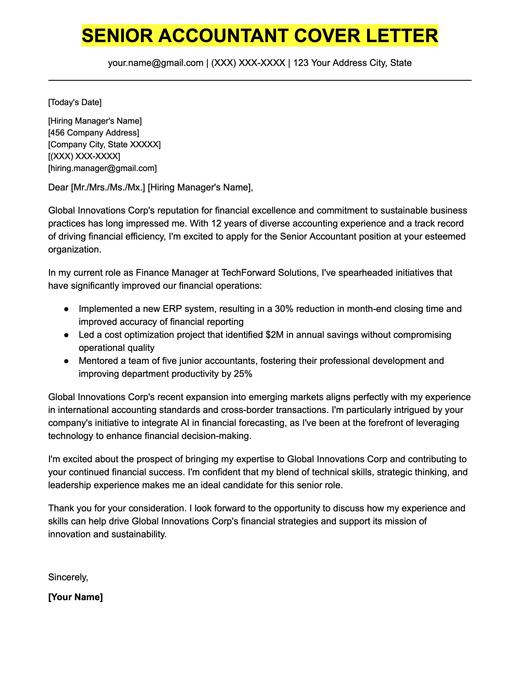 An example cover letter for a senior-level accountant.