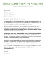 A senior administrative assistant cover letter example with a green header.