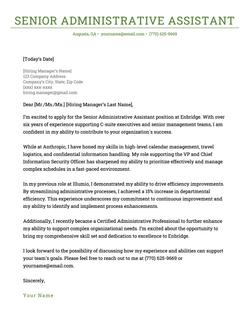 A senior administrative assistant cover letter example with a green header.