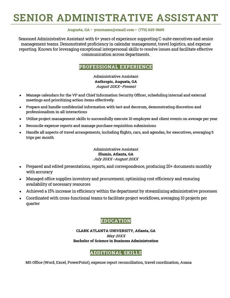 A senior administrative assistant resume example using a green template.
