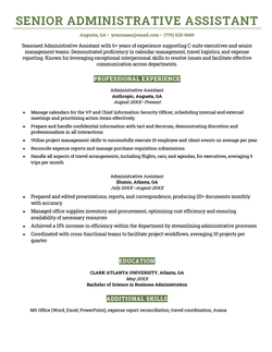A senior administrative assistant resume example using a green template.