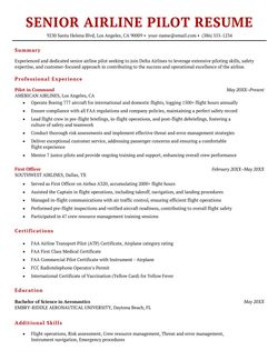 An example of a senior-level airline pilot resume using a basic resume layout with red headings.
