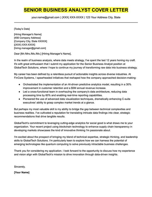 An example cover letter for a senior business analyst.