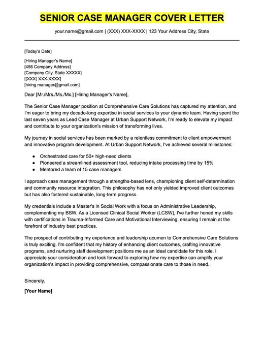 An example cover letter for a senior case manager position.