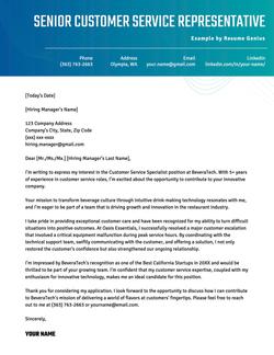 A senior customer service representative cover letter on a template with a blue-turquoise gradient header.