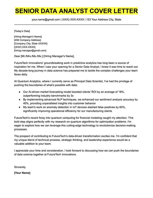 An example cover letter for a senior-level data analyst.