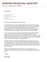 A senior financial analyst cover letter using a template with a red header.