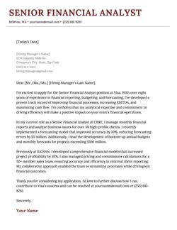 A senior financial analyst cover letter using a template with a red header.